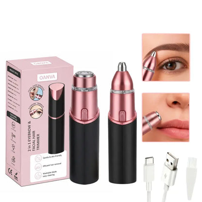 OANVA 2 in 1 Facial & Eyebrow Hair Trimmer for Women, Rechargeable Face Razor, Lip & Peach Fuzz Remover, Precision Eyebrow Shaper, Portable Painless Hair Removal Tool.